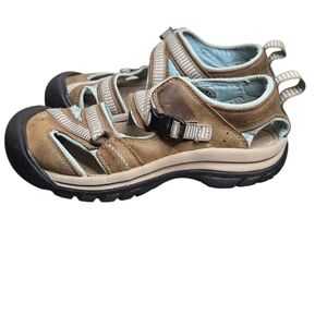 KEEN Women's Waterproof Sandals Size 5 Tan Light Blue Sport Hiking Comfort Shoes
